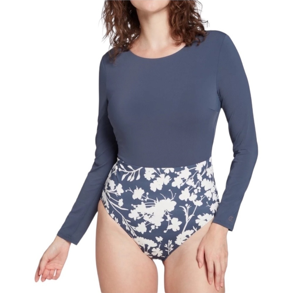 CALIA Carrie Underwood Blue/White Floral Print Long Sleeve Modest Swimsuit Sz 12